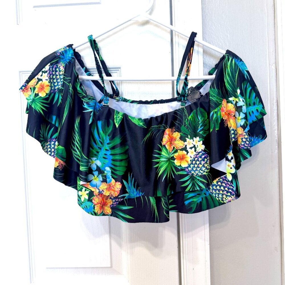 Womens Tankini Bathing Suit Top Size S Black Tropical Padded Off Shoulder NWT